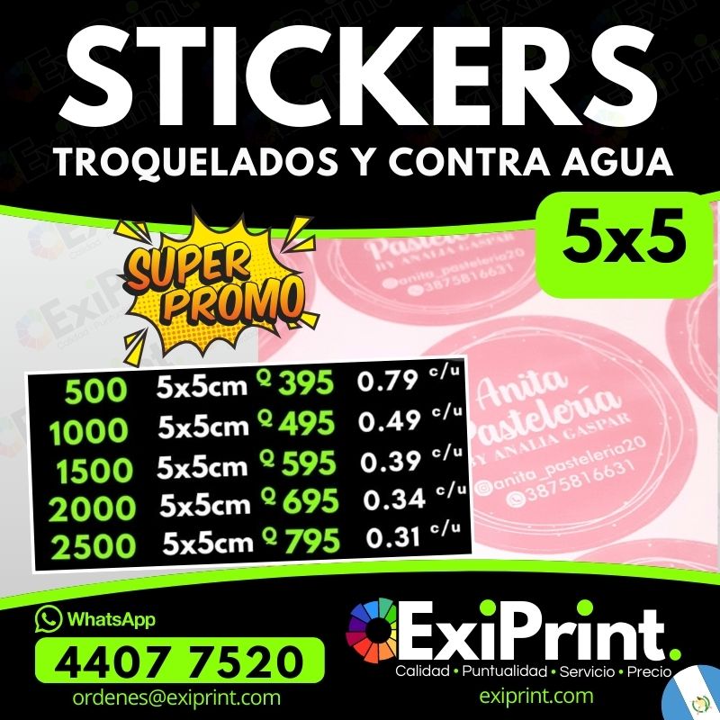 Oferta 500 Stickers 5x5 troquelados y contra agua